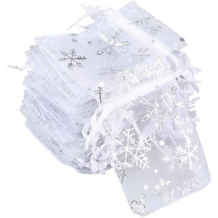 Snefnug Organza Poser til Jul, 100 Stk. Hvide Organza Gaveposer, 7 x 9 cm Organza Poser med Snøre til Jul, Bryllupsgaver, Smykker