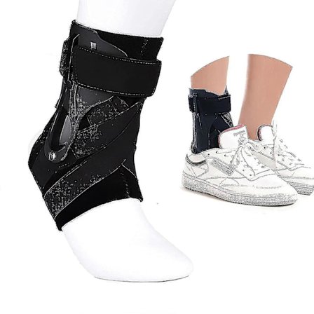 Ankelstøtte med sidestabilisatorer og krydsende ekstra fikseringsbælte, styrkebeskyttelse til sportsskader, ankel forstuvning, arthritis, stra