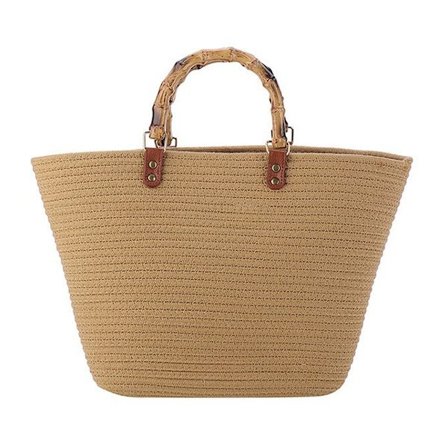 Dame Stor Strå Tote Bag Retro Bambushåndtak Strip Strandveske Sommer Vevd Håndlaget Elegant Reiseveske