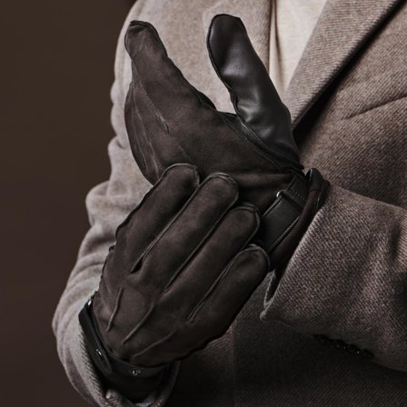 Guantes de Cuero de Oveja y Ante-Café oscuro-Compatible con pantalla táctil para hombres - Guantes de invierno