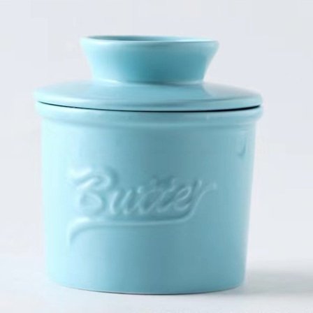 Keramisk smørkrukke med lokk, fransk smørskål, beholder for mykt smør, oppbevaringskrukke med vannlinje, kjøkkenutstyr