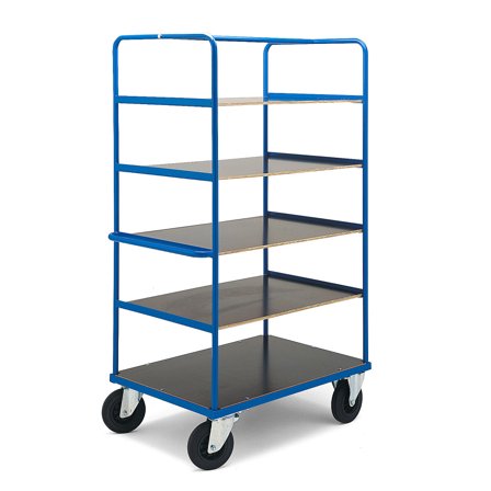 Shelf trolley TRANSFER, 5 shelves, 1000x700x1800 mm, rubber wheels, with brakes