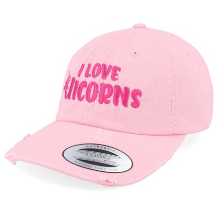 Unicorns - Rosa Unconstructed Cap - I Love Unicorns Pink Destroyed Dad Cap @ Hatstore