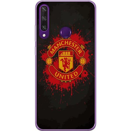 Kompatibelt Mobildeksel til Huawei Huawei Y6p Manchester United logo i rød og gul farge med røff sportslig bakgrunn