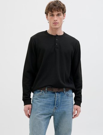 Jack & Jones Jjedover Henley Ls Tee Sn - Black - XL