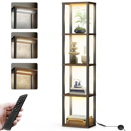 4 steg Golvlampa Vardagsrum med Hylla, Trähylla Lampa 164cm med LED-fjärrkontroll kallt vitt och Vitt 2700K-6000K