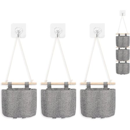 Små hængende opbevaringsposer - 3-pak vægmontering - Vandtæt vægophængt kurv over dør Organizer til stue soveværelse badeværelse (grå)