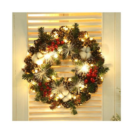 40cm julekrans med lysdekorasjon, kongle og røde bær, juledekorasjon til inngangsdør, innendørs og utendørs juledekorasjon