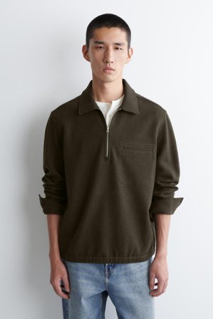 COS Men's Boiled Wool Zip Up Polo Jumper in Green