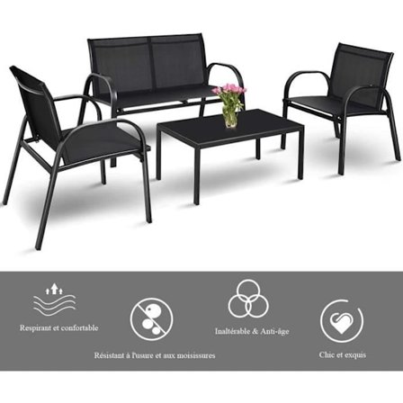 COSTWAY Havegruppesæt til 4 personer, 2 Stole, 1 Sofa og 1 Glas Kaffebord, UV-beskyttende Textilene-stof, Sort