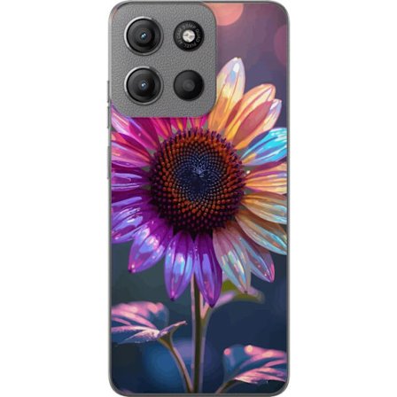 Kompatibelt Mobildeksel til Motorola Moto G15 Irideserende blomst med glitrende kronblad i rosa lilla og gull mot myk bokeh bakgrunn