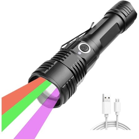 Taktisk lommelykt med 4 farger i 1, Super Lys Oppladbar LED Lommelykt med UV Rød Grønn Hvit Lys, Multifunksjonell Zoombar Vanntett Lommelykt for C