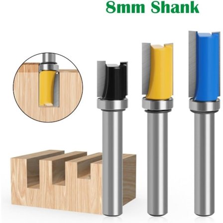 Sett med 3 deler, 8 mm skaft trimfreserbits, for treskjæring, rett kutt med lager.