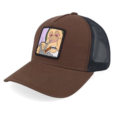 BOOM - Braun Trucker Cap - Little Man Smoke Patch Canvas Brown/Black A-frame Trucker @ Hatstore
