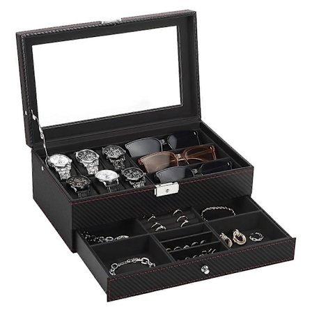 Klokkeboks, smykkeskrin for menn, 2-lags låsbar klokkeholder