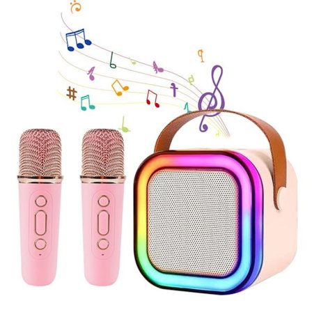 Mini Bærbar Karaoke Maskine til Børn med 2 Trådløse Mikrofoner og LED-lys til Piger og Voksne