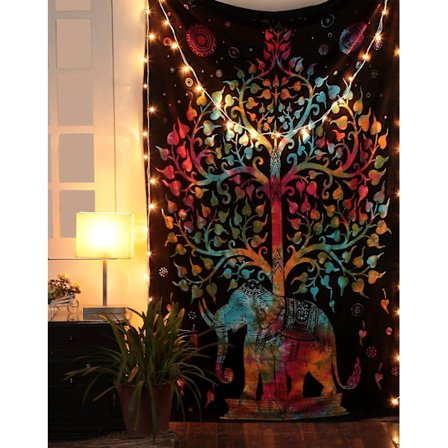Livets Træ Væghæng - Elefant Gobelin Multi Dekorativ Sort Hippie Mandala Boho Picnic Strandtæppe 213 x 137 cm