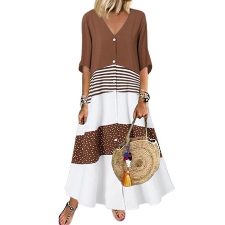 Kvinnor Halvärm Colorblock Klänning V-hals Lång Lång Kaftan Klänning