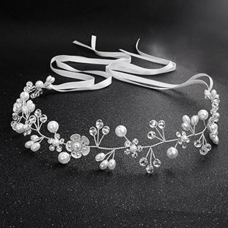 Brudekjole med krystalperler, tiara og blade, midsommer sølvfarvet