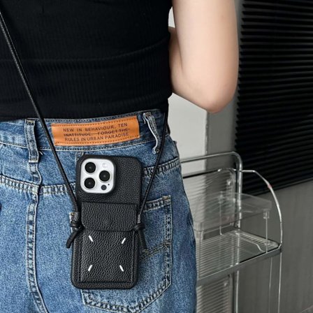 Etui til iPhone 14 Pro Max 6,7 tommer sort trendy kortholder lanyard møntpung crossbody