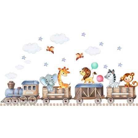 Vægstickers med dyretog, jungledyr, elefant, giraf, løve, luftballon, vægdekorationer, kompatible med børneværelse