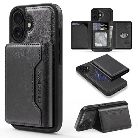 Lämplig för iPhone 16-serien, multifunktionellt starkt magnetiskt korthållare mobiltelefonfodral svart iPhone 16 Pro max