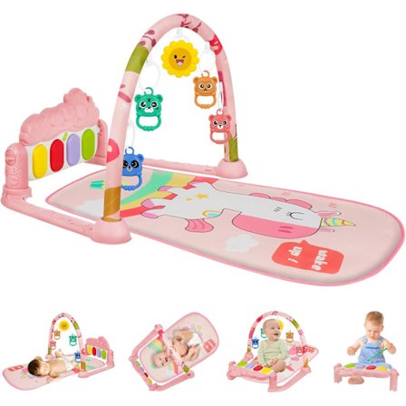 3-i-1 Baby Legecenter med Klavermusik, Lys og Aftagelige Legetøj - Udviklende Aktivitetslegetæppe til Spædbørn og Småbørn - Pink Gave