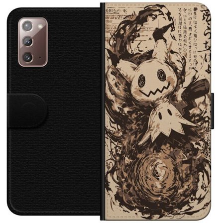 Samsung Galaxy Note20 Plånboksfodral Mimikyu i dramatisk konststil omgiven av mörka virvlar och färgstänk som skapar en mystisk och intensiv atmos