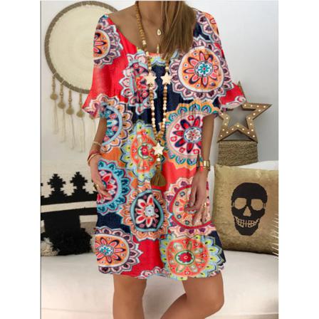 Kvinnor Sommar Print Solklänning Casual Loose Beach Boho D