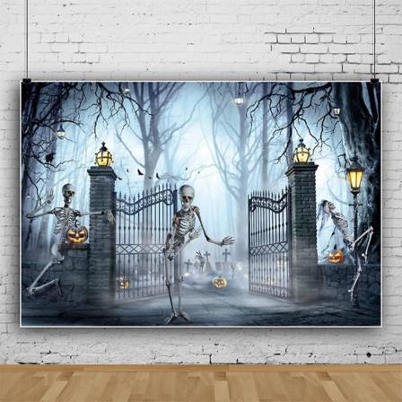 7x5ft Vinyl Halloween Fotobakgrunn Morsom Skjelett Leker Med Gresskar Bakgrunn Halloween Fotobakgrunn Skrekk Kirkegård Port (FMY)