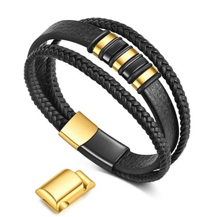 Mænds Sort Læderarmbånd Magnetisk Spænde Rustfrit Stål