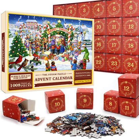 Puslespill adventskalender 2025, 1008 puslespillbrikker 24 dagers julenedtelling adventskalendere-puslespill SD29