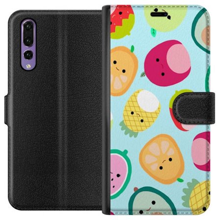 Kompatibel Tegnebogsetui til Huawei P20 Pro Mønster af kawaii frugter som jordbær citron ananas og avocado på lyseblå baggrund