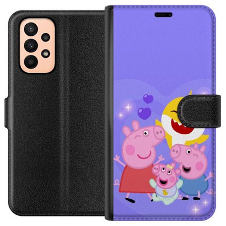 Yhteensopiva Lompakkokotelo Samsung Galaxy A23 Peppa Possu -kuviot sydämillä, perhosilla ja ystävillä, vaaleanpunainen tausta pehmeissä lasten kuvituk