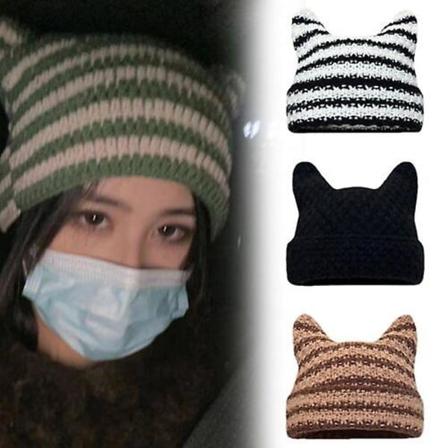 Kvinder Beanie Stribet strikket Cat Ear Hat Winter Warm Ski Cap Harajuku Punk Hats