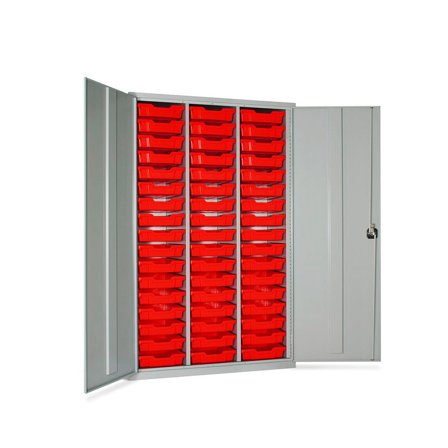 Lockable storage cupboard with trays, 51 trays, 1830x1120x457 mm, red