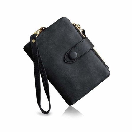 Lille dobbeltsidet læderpung til kvinder Rfid armbånd damer med kortpladser ID-vindue lynlås møntlomme sort sort sort