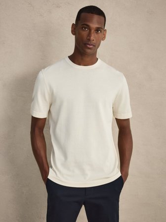 John Henric Men's Hellbeige Relaxed Fit Gestricktes T-Shirt Size S