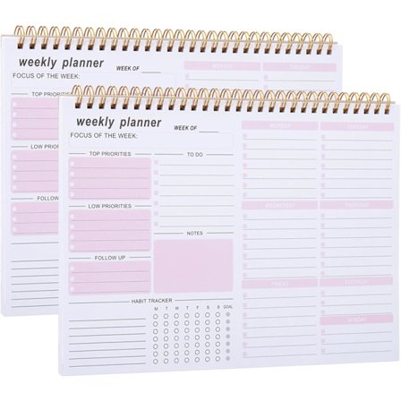2-pak B5 Ugeplanlæggere - 10"x8" Udaterede 53-siders notesbøger, spiralmål- og vane-trackere med To-Do-lister (Pink, Produktivitetssystem)