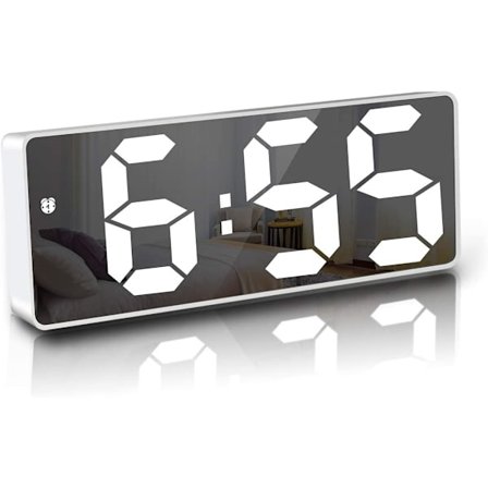 Vit digital väckarklocka, 6,7" LED-spegel digital väckarklocka sängbord