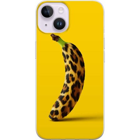 Kompatibelt Mobildeksel til Apple Apple iPhone 14 Banan med leopardmønster mot gult bakgrunn i en kreativ og leken design