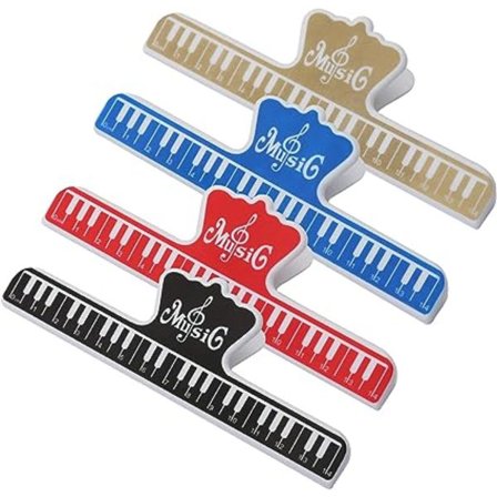 4 musikclips, nodestativ, pianoprintingklip, til læsning og markering af noder, papirfiler, billeder og fotos, madclips