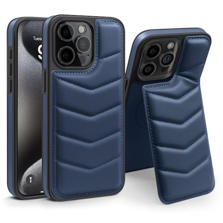 Etui til iPhone 16 Pro, kongeblå Lycra, nedfældelig usynlig stander, magnetisk kortholder