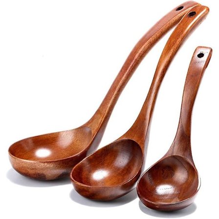 Tresleiver i tre, naturlig tresleiv, langt håndtak, 3 stk. kjøkkenredskaper i tre