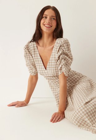 Bubbleroom Occasion - Ruched Puff Sleeve Ankle Dress - Beige/Checked