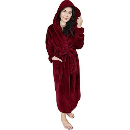 Kvinnors fleece morgonrock med huva - plyschrock, militärgrön, M, vinröd