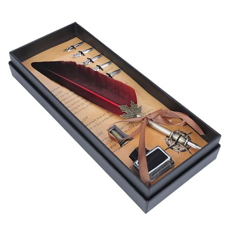 Vintage Fjer Fontæne Skrivepen Kalligrafi Blæk Fjerpen med Gaveæske (Rød)