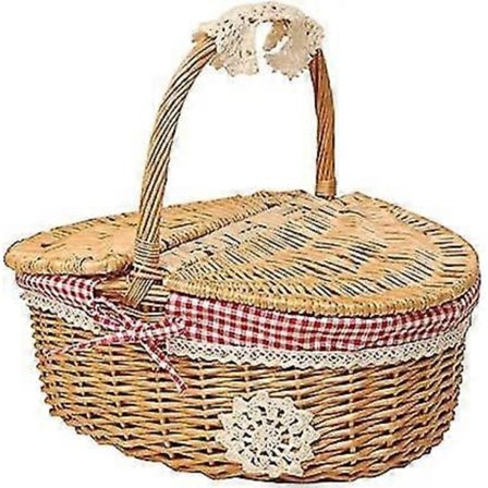 Vævet Flet Picnic Kurv Med Låg - Landlig Stil Med Rød Og Hvid Ternet Bomuldsforing - Præsentationskurv