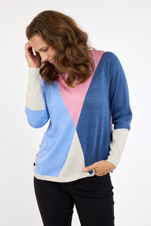 BRANDTEX - Langærmet Strik - Blå / Rosa Mix - Knap Detalje