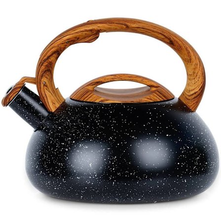 Svart stålbollsvattenkokare med visselpipa för kokande vatten på spisen_MGF